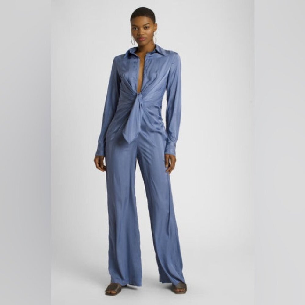 Choosy Women's Slate Blue Deep V Striped Satin Jumpsuit Size 20 NWT